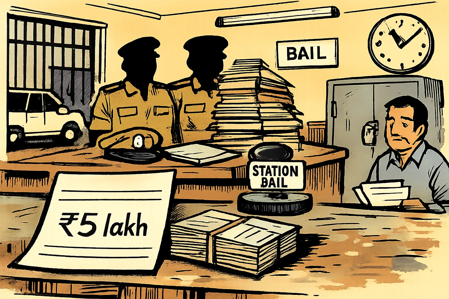 Inside a Telangana police station, a cash bundle and a large ₹5 lakh receipt sit on a counter beside bail paperwork, while anonymous uniformed figures stand behind files.