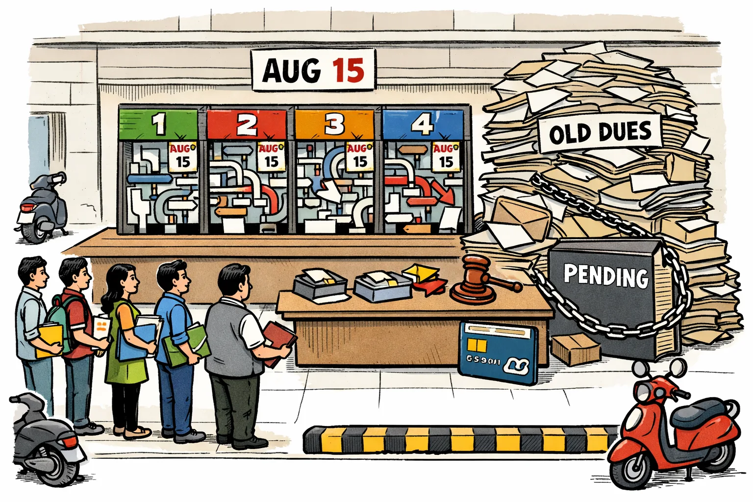 A queue waits at four scheduled payment windows outside a Telangana government office, while a giant pile of old fee files marked “OLD DUES” sits chained behind the counter.