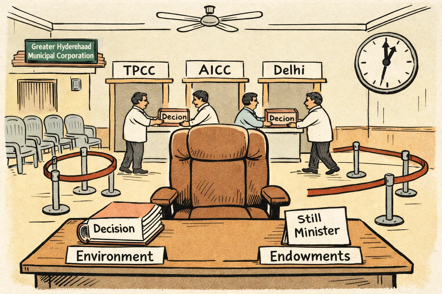 An empty-looking institutional waiting room contains an occupied ministerial chair behind a desk with an unopened decision file, while generic officials pass it between counters labelled TPCC, AICC and Delhi beneath a looping queue barrier and a clock.