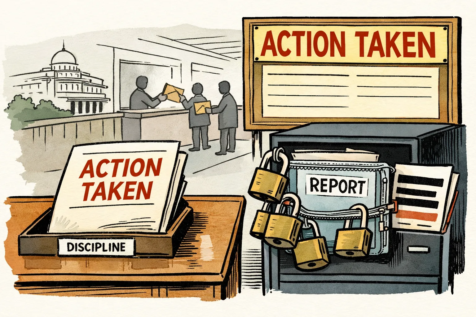 A large government desk displays an action-taken sheet while a locked cabinet beside it conceals a folder labelled report; a government building is visible in the background.