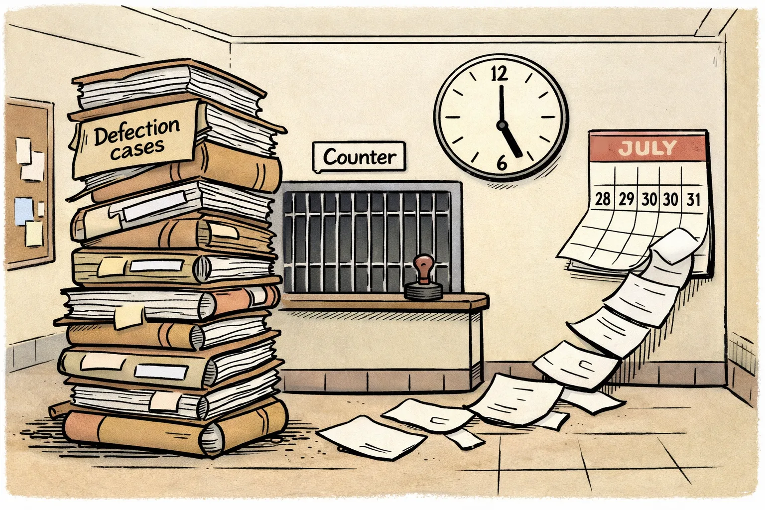A Telangana Legislative Assembly calendar hangs above a large stack of defection case files marked with court papers, while a counter window labelled with a short sign sits shuttered and a clock points past the promised deadline.