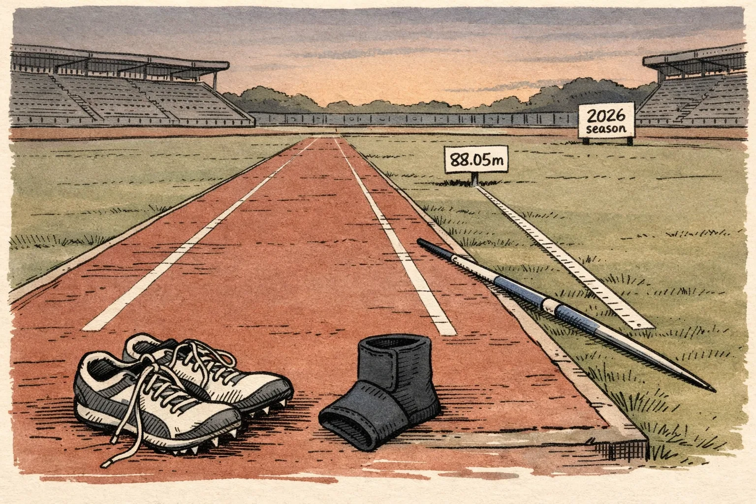 An empty athletics javelin runway with a javelin, measuring tape marked 88.05 metres, track spikes and an ankle support beside the track.