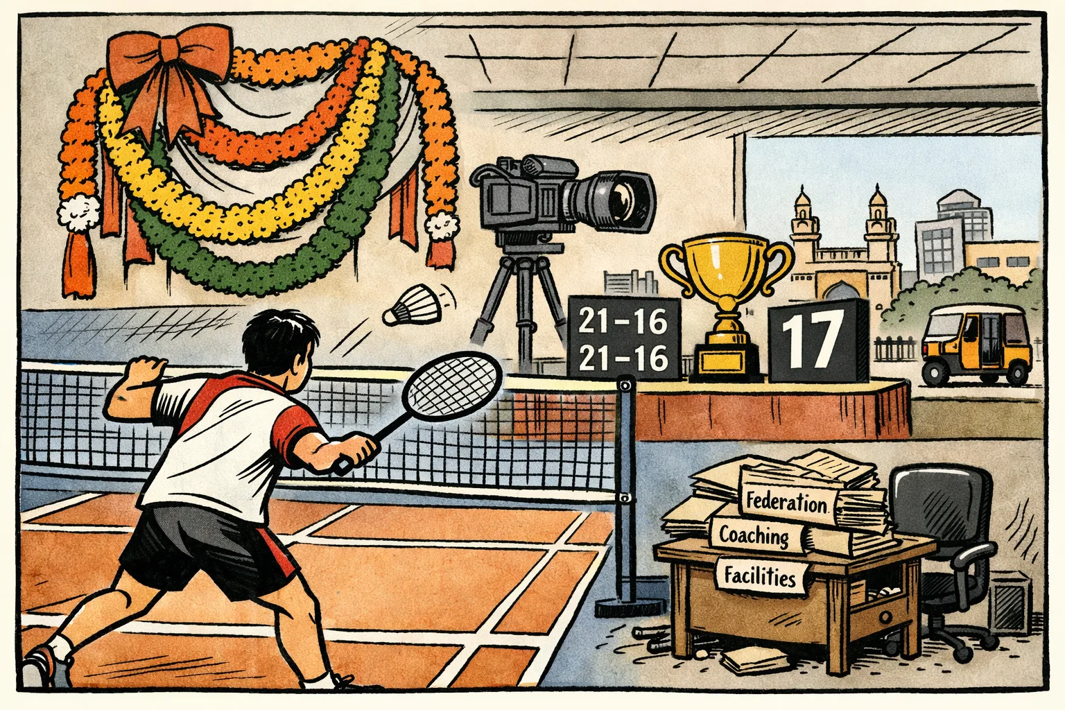 A young badminton player’s racket sends a shuttlecock over a net labelled with tournament scores, while a small podium and a neglected sports administration desk sit in the background beneath oversized congratulatory banners.