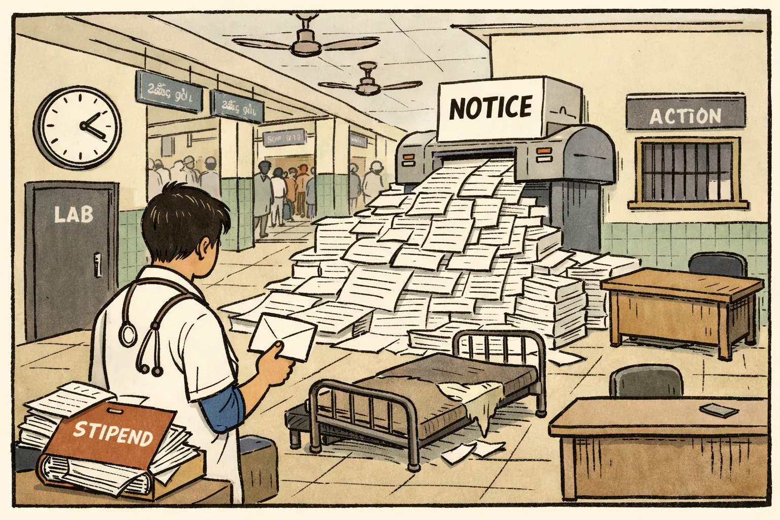 A junior doctor stands in a crowded Telangana government hospital corridor beside unpaid-stipend and infrastructure problem signs, while a large printer produces a pile of notices blocking an entrance.