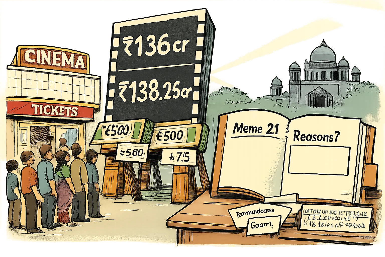 A cartoon Hyderabad cinema ticket counter shows a giant box-office scoreboard propped up by ₹500 tickets, beside an open permission file with a blank reasons section and a calendar running toward a court date.