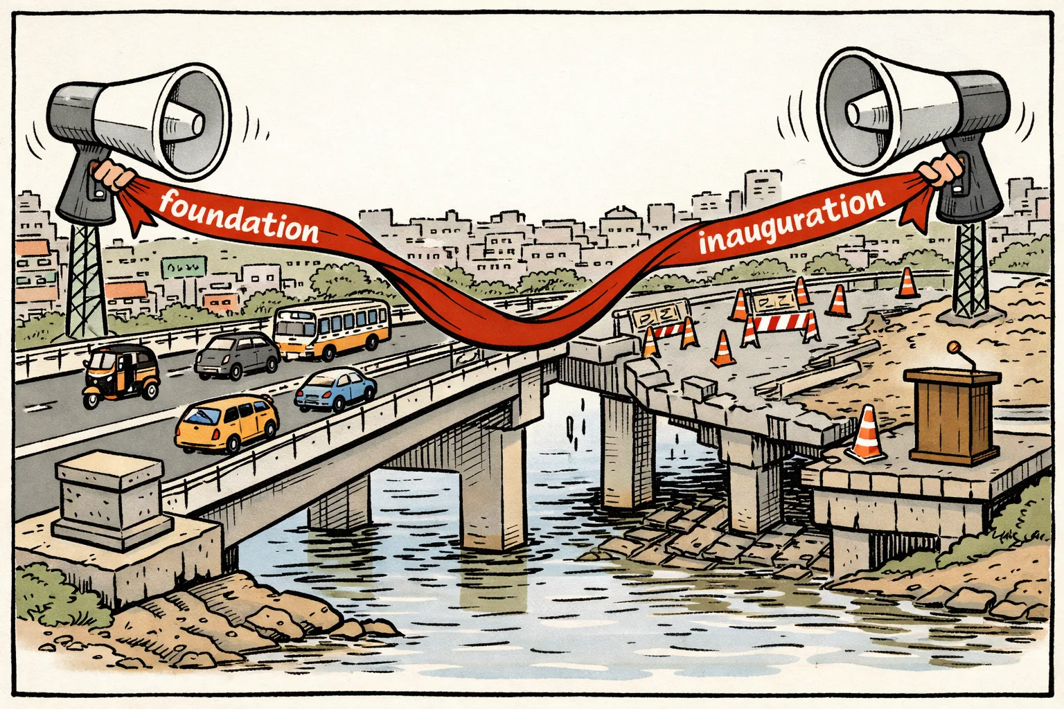 A partly open bridge over the Musi has traffic on one side and barricades on the other, while two anonymous megaphones pull a ribbon labelled foundation and inauguration in opposite directions.