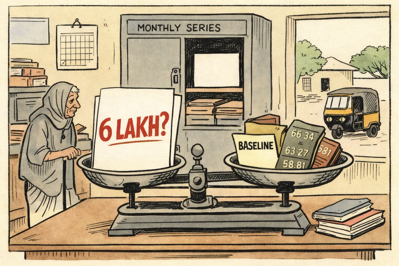 A giant paper marked “6 LAKH?” outweighs an empty baseline folder on a scale inside a rural panchayat office, with mismatched pension registers and a locked records cupboard behind it.