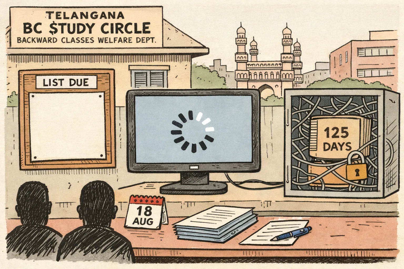 A Telangana government noticeboard displays an empty frame marked for a selected-candidates list, while a large computer monitor beside it shows a stalled loading symbol and loose application papers sit on a desk.