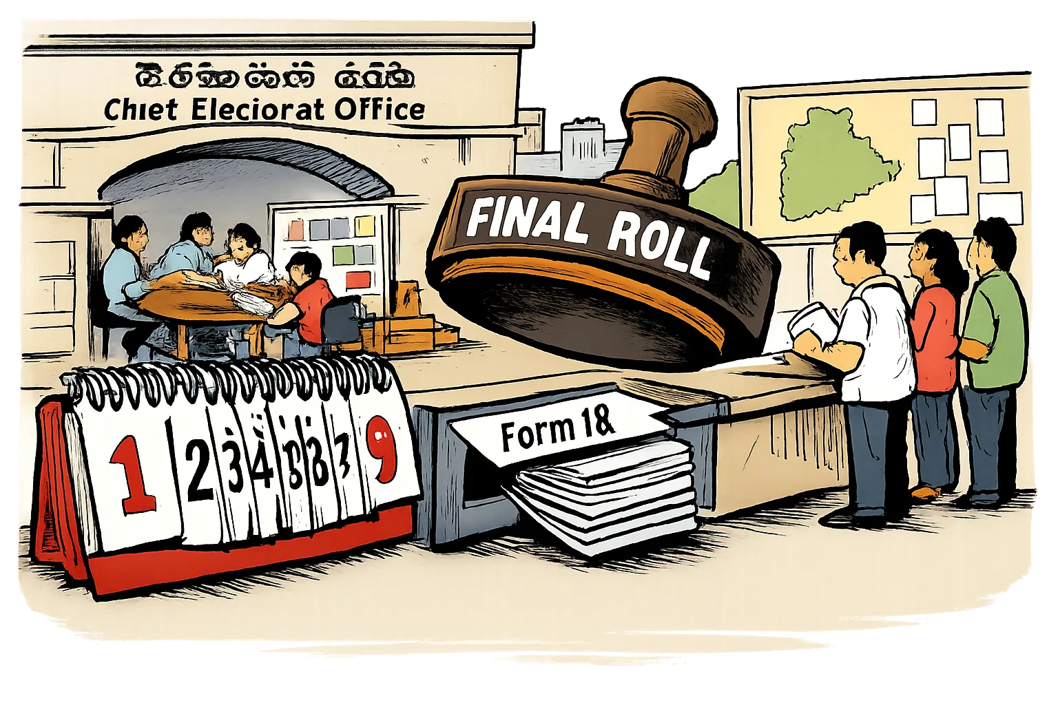 A compressed November calendar, Form-18 applications and a final-roll stamp crowd a Telangana government office while political organisers prepare paperwork in the background.