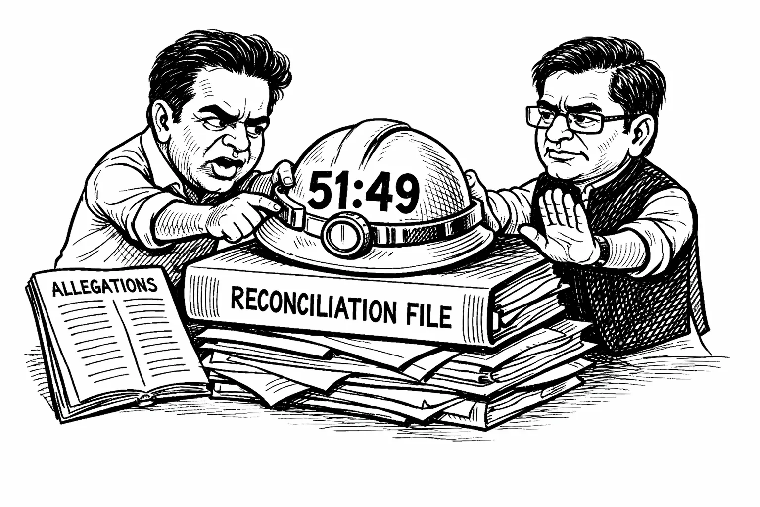 KTR and Telangana industries minister Duddilla Sridhar Babu pull at a giant miner’s helmet marked 51:49 while an unopened reconciliation file remains underneath it at a coal mine office.