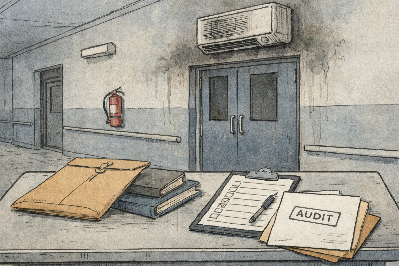 A smoke-stained newborn-unit doorway at RIMS-Adilabad stands behind a hospital desk holding audit papers, maintenance logs and a fire-safety checklist.