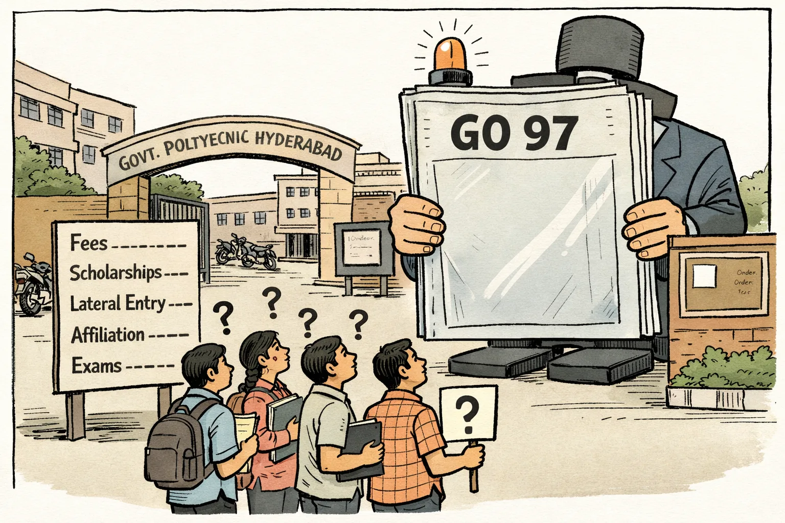 Polytechnic students stand outside a Hyderabad campus facing a huge government file marked GO 97 with missing pages, while question marks point to fees, scholarships, lateral entry, affiliation and exams.