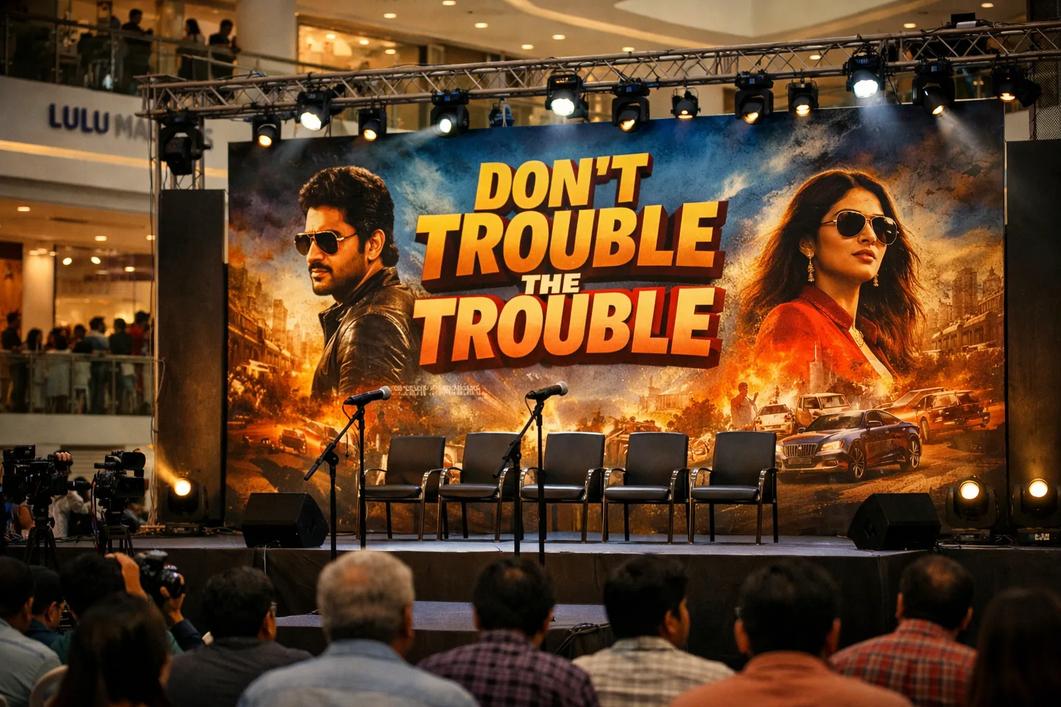 A film promotional display and event stage inside a shopping mall, with a large Don't Trouble the Trouble poster and blurred attendees.