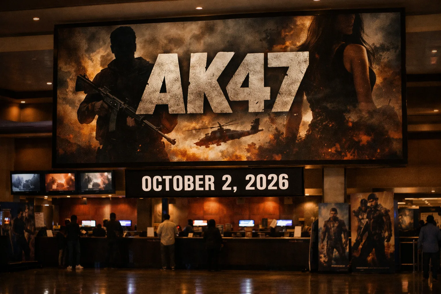 A cinema theatre foyer with a large AK47 film promotional display and an October 2, 2026 date panel.
