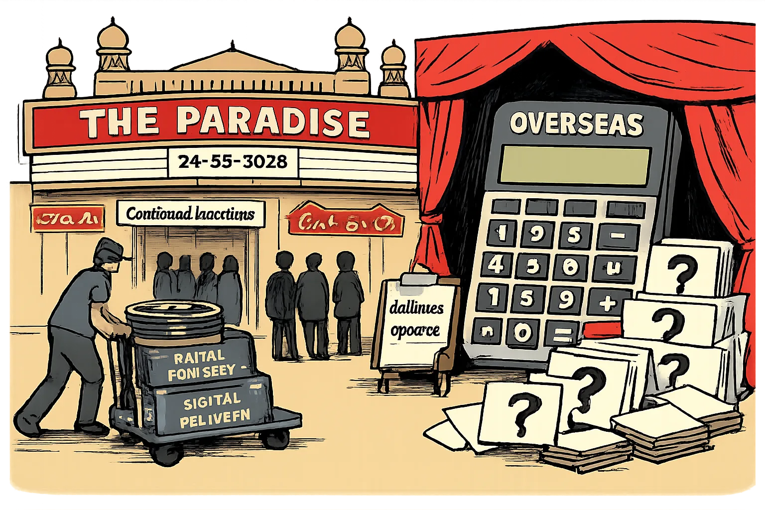 A cinema entrance marked for The Paradise stands beside delivery cases, while a large blank calculator labelled Overseas sits behind a curtain with question-marked claim cards.