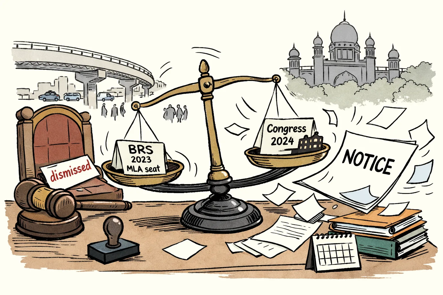 A Telangana Assembly chair, a High Court notice and two party-coloured ticket envelopes sit around a weighing scale marked with a question mark; a Khairatabad street and Hyderabad skyline appear in the background.