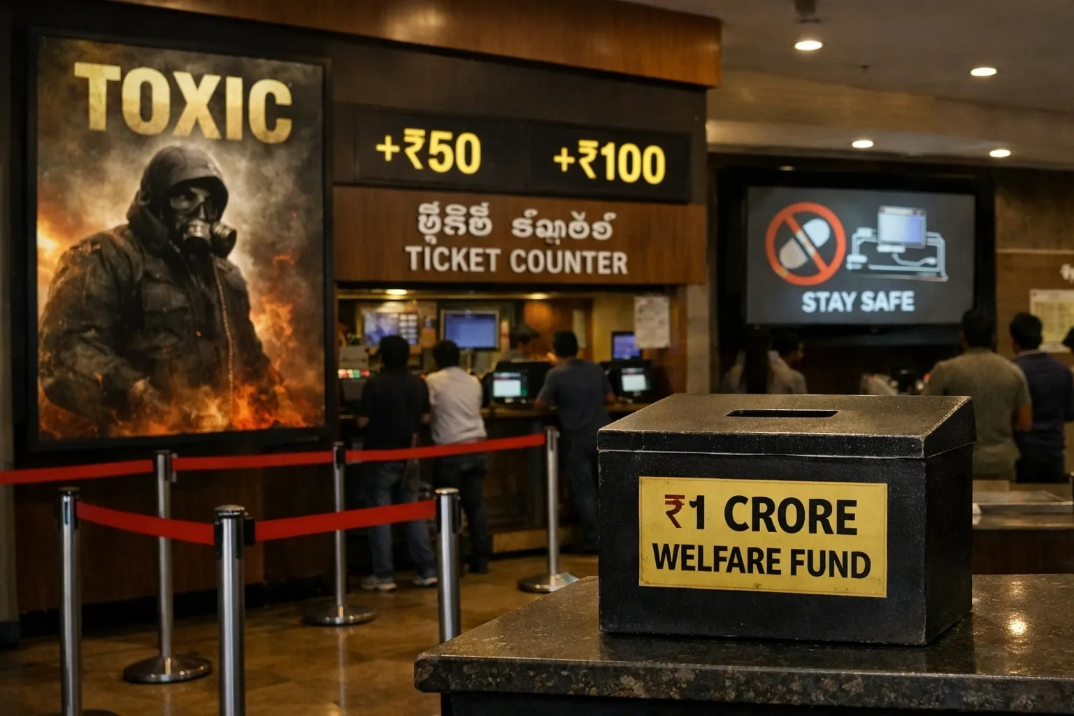A Hyderabad cinema lobby shows a Toxic film poster beside a ticket counter, a price board with extra charges, a welfare-fund payment box and an awareness slide on a screen.