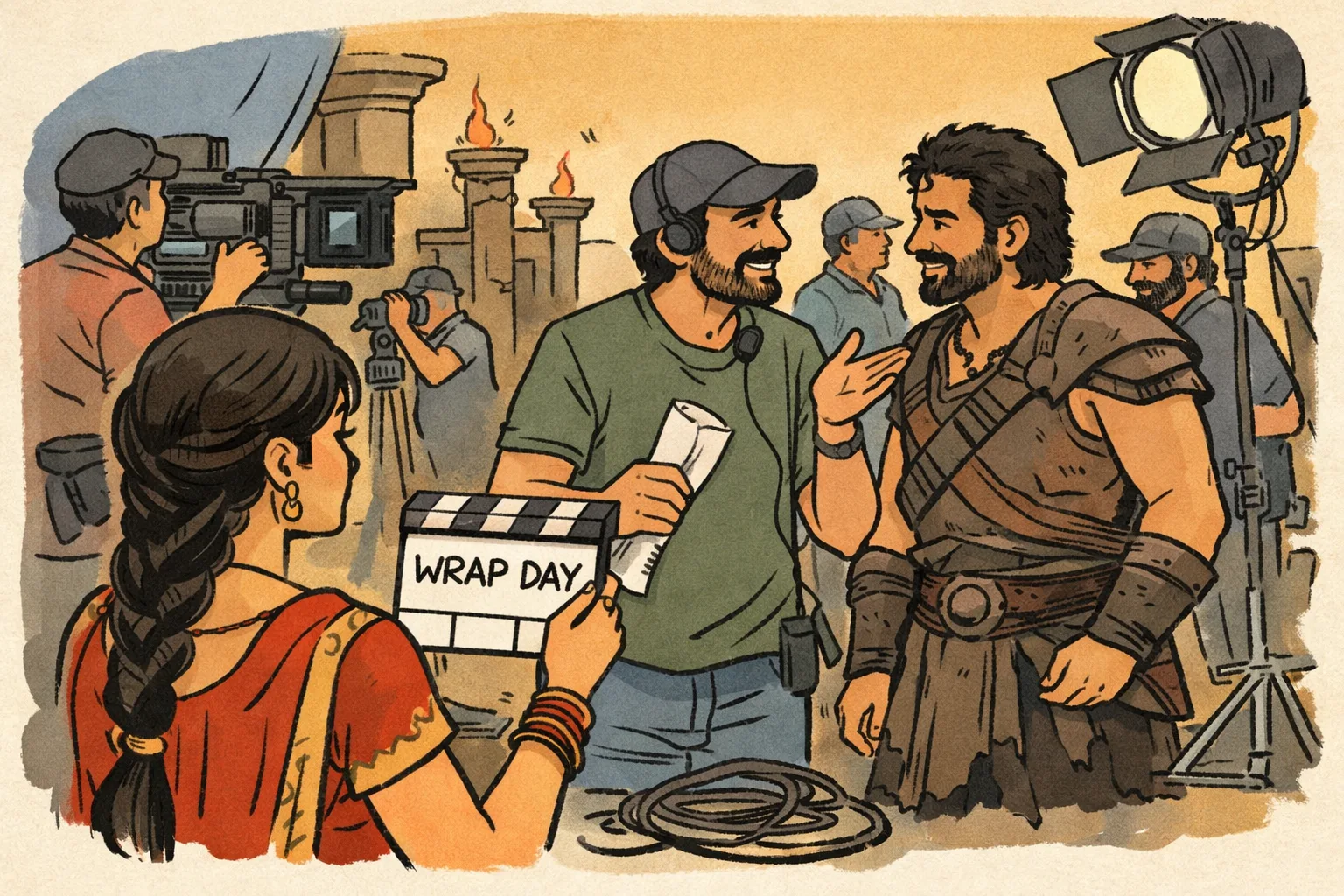 A film crew works around cameras and lighting equipment as an actress holds a wrap-day slate on a Telugu movie set.