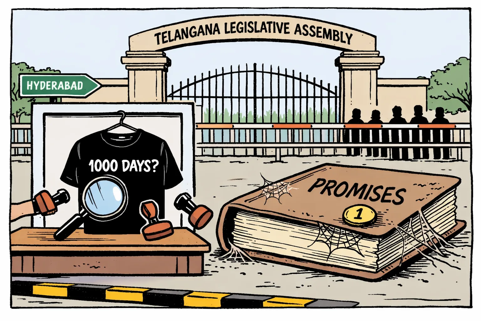 At a Telangana Assembly gate, officials inspect a black T-shirt on a hanger while a huge dusty file marked 'PROMISES' waits unattended beside it.