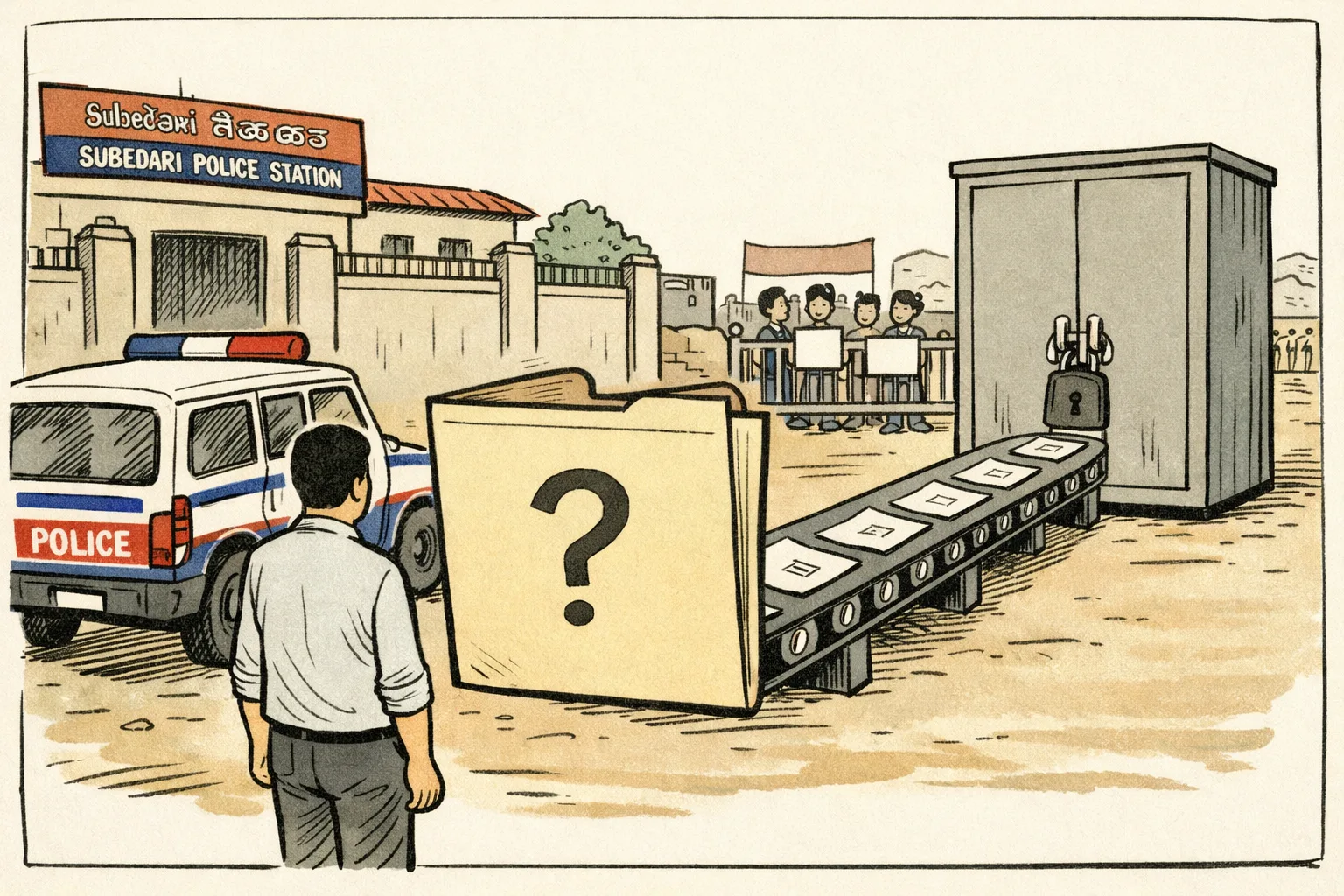 Outside a Hanamkonda police station, a police vehicle and a conveyor belt move toward a locked cupboard while an oversized empty folder with a question mark stands nearby; students wait behind a barricade.