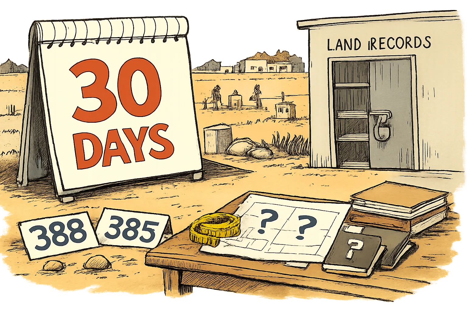 A giant 30-day calendar stands outside a small locked land-records room near a Siddipet field, while blank survey maps and conflicting 388 and 385 number cards lie beside tiny survey markers.